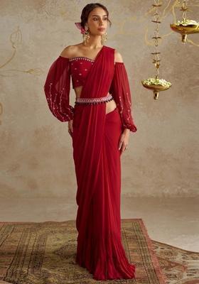 Red Embroidered Handwork Pre Draped Saree Set