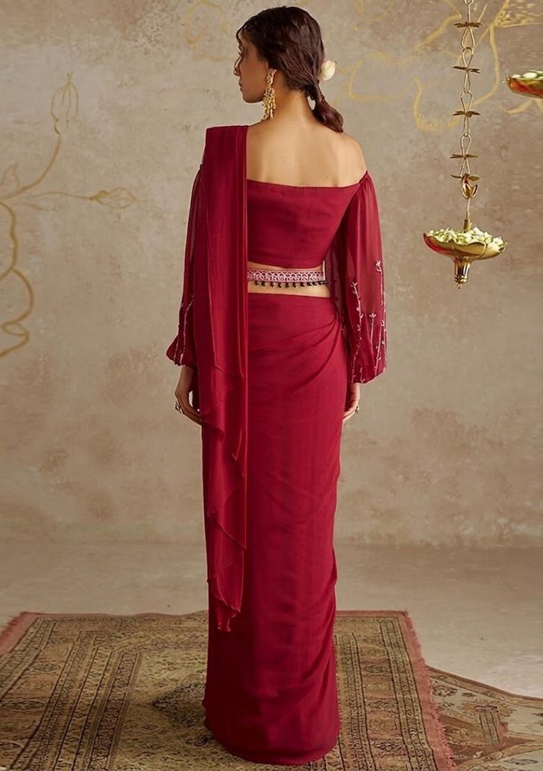 Red Embroidered Handwork Pre Draped Saree Set - Indya