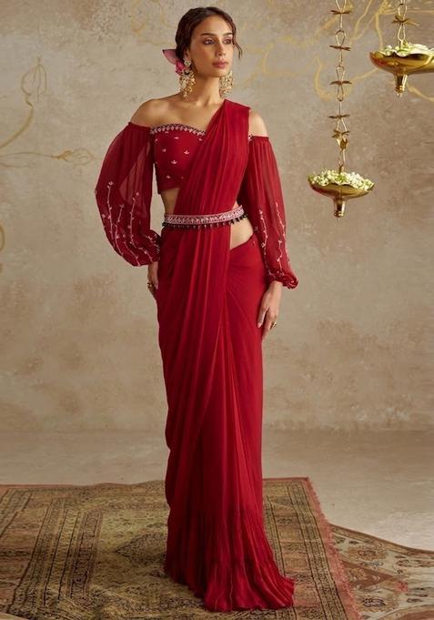 Red Embroidered Handwork Pre Draped Saree Set