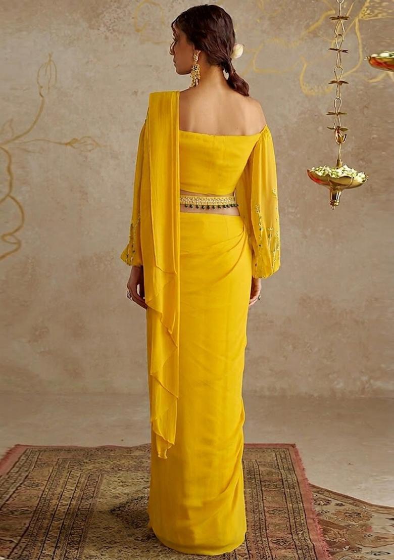 Yellow Embroidered Handwork Pre Draped Saree Set - Indya