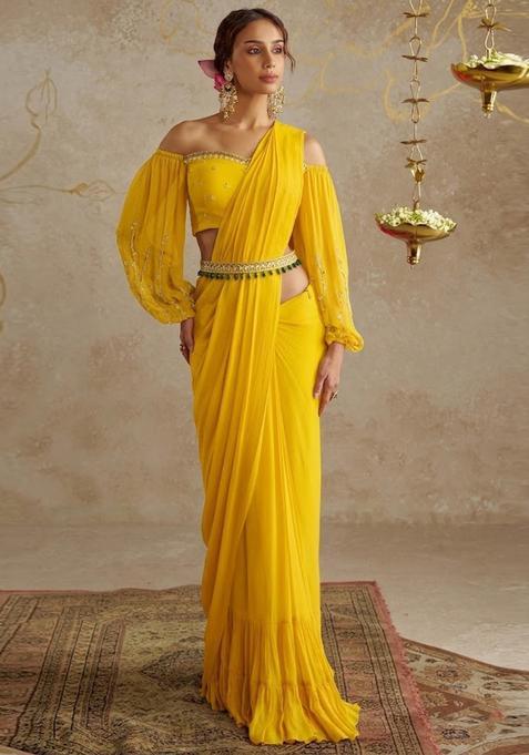 Yellow Embroidered Handwork Pre Draped Saree Set