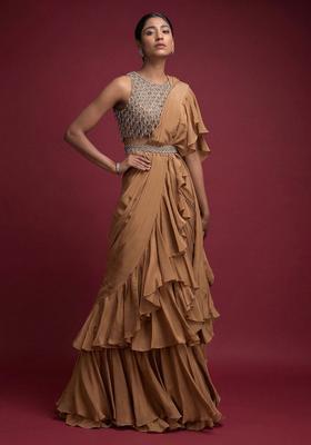 Brown Embroidered Handwork Pre Draped Saree Set