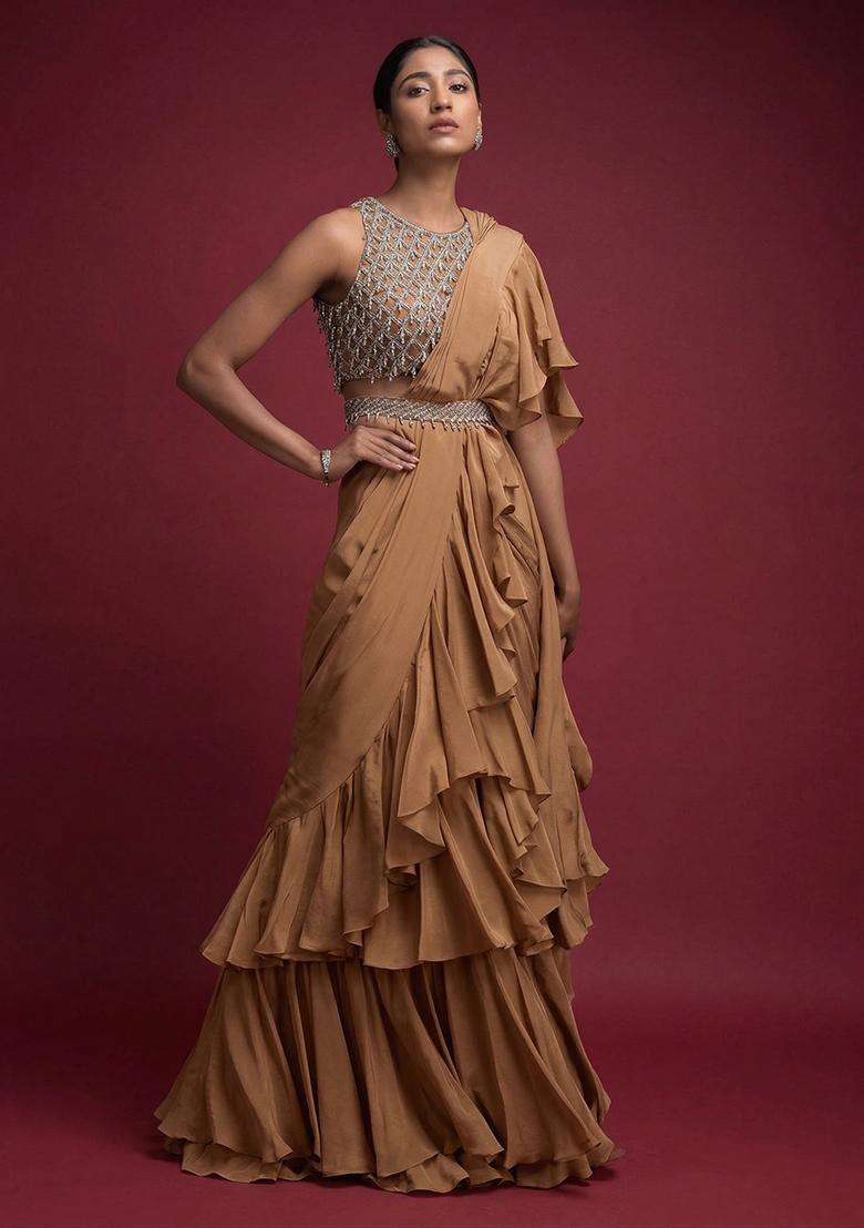Brown Embroidered Handwork Pre Draped Saree Set - Indya