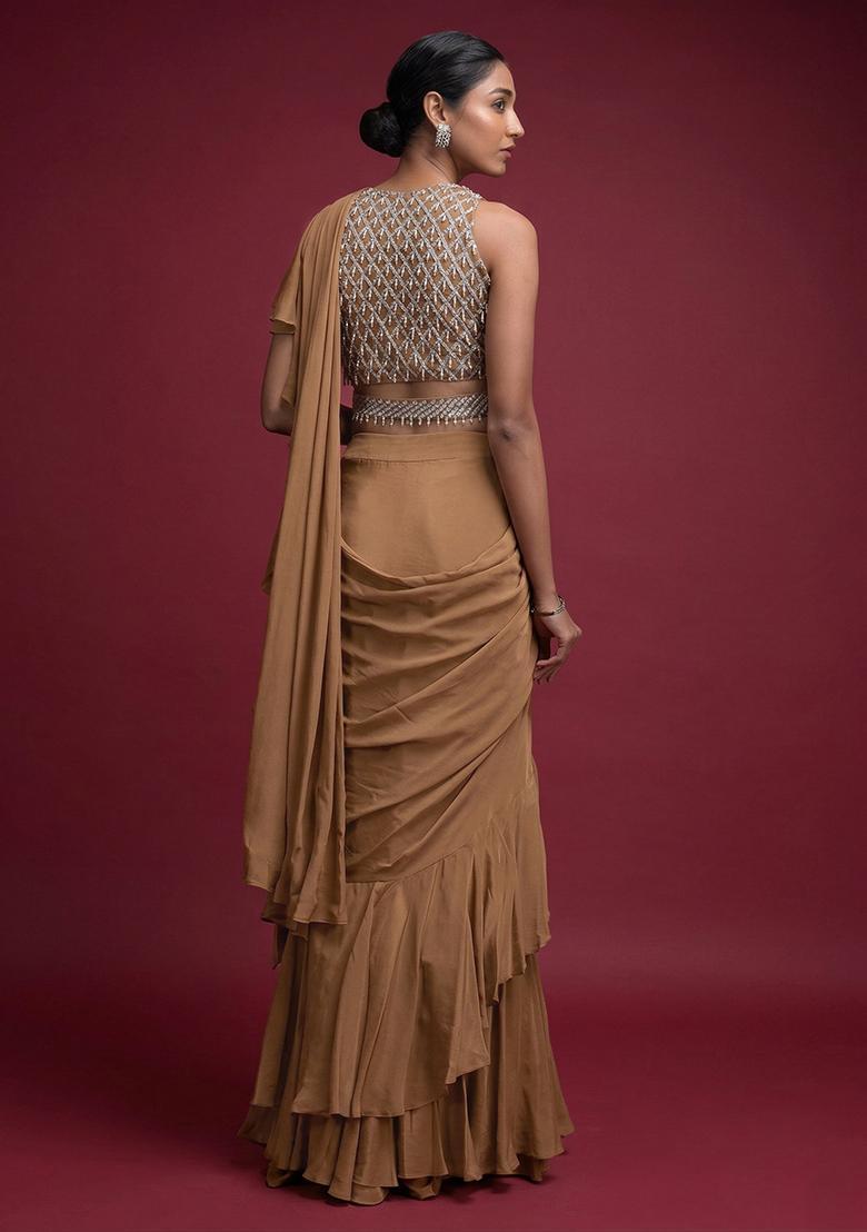 Brown Embroidered Handwork Pre Draped Saree Set - Indya