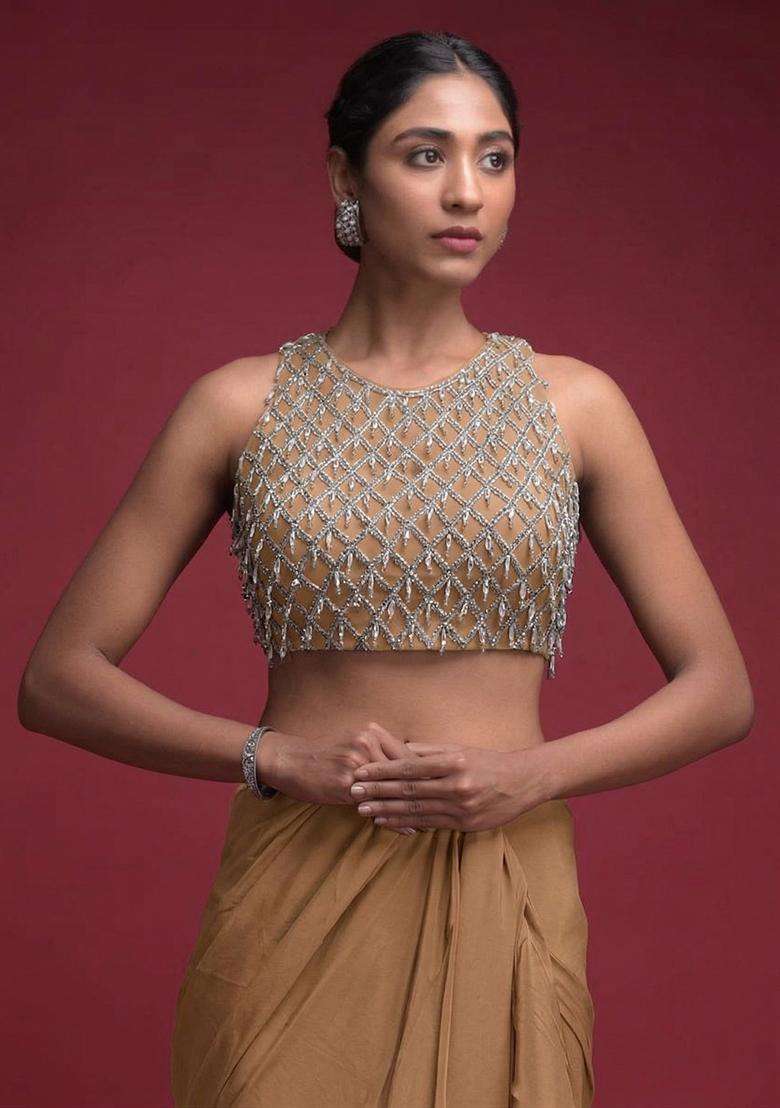 Brown Embroidered Handwork Pre Draped Saree Set - Indya