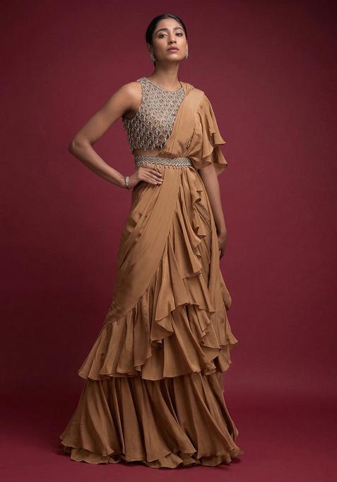 Brown Embroidered Handwork Pre Draped Saree Set