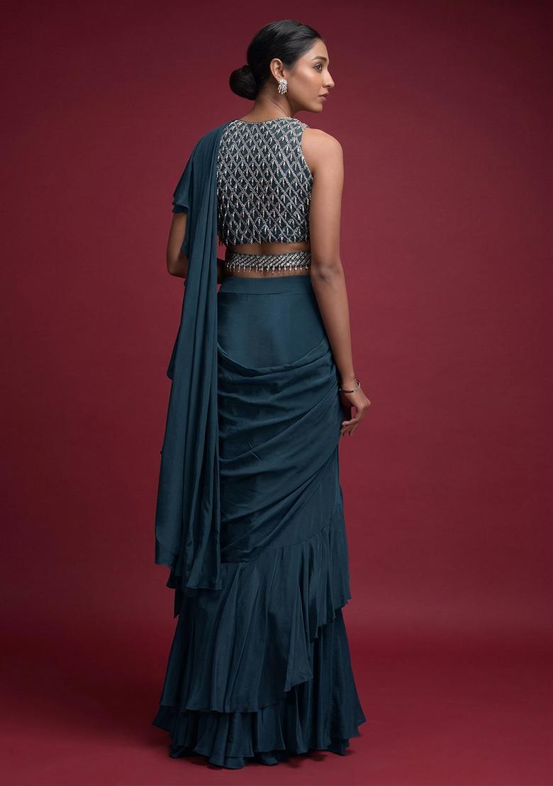 Blue Embroidered Handwork Pre Draped Saree Set - Indya