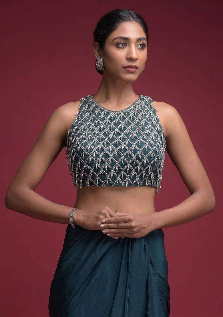 Blue Embroidered Handwork Pre Draped Saree Set - Indya