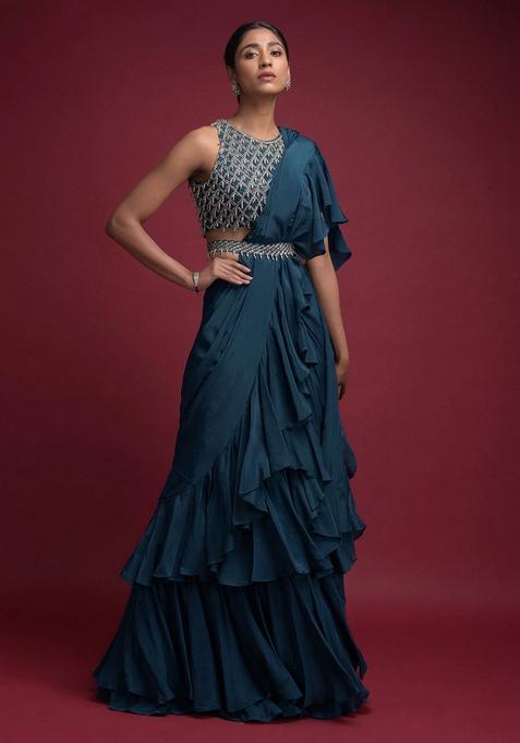 Blue Embroidered Handwork Pre Draped Saree Set