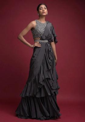 Grey Embroidered Handwork Pre Draped Saree Set