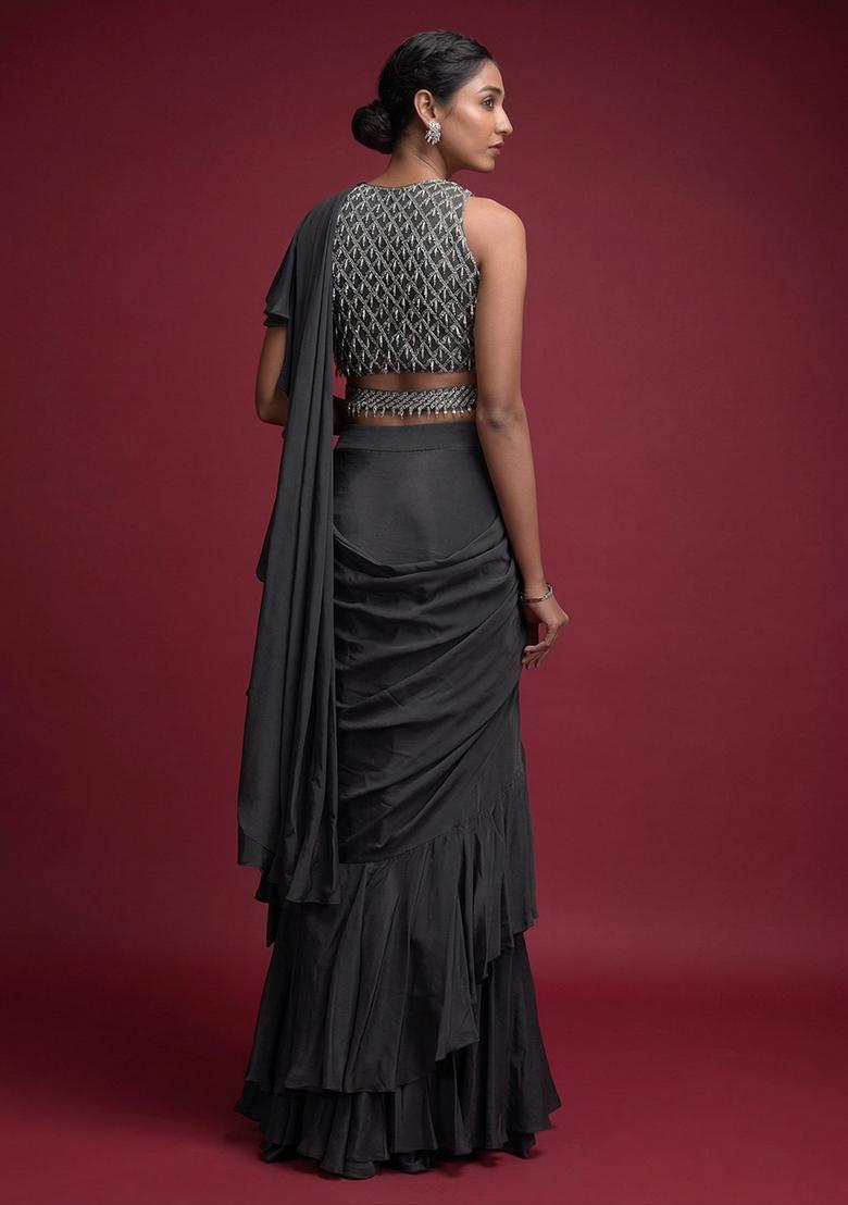 Grey Embroidered Handwork Pre Draped Saree Set - Indya