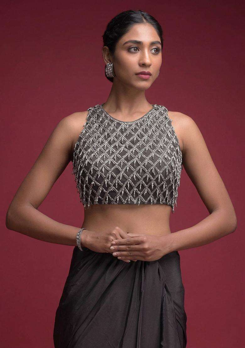 Grey Embroidered Handwork Pre Draped Saree Set - Indya