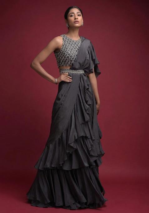 Grey Embroidered Handwork Pre Draped Saree Set