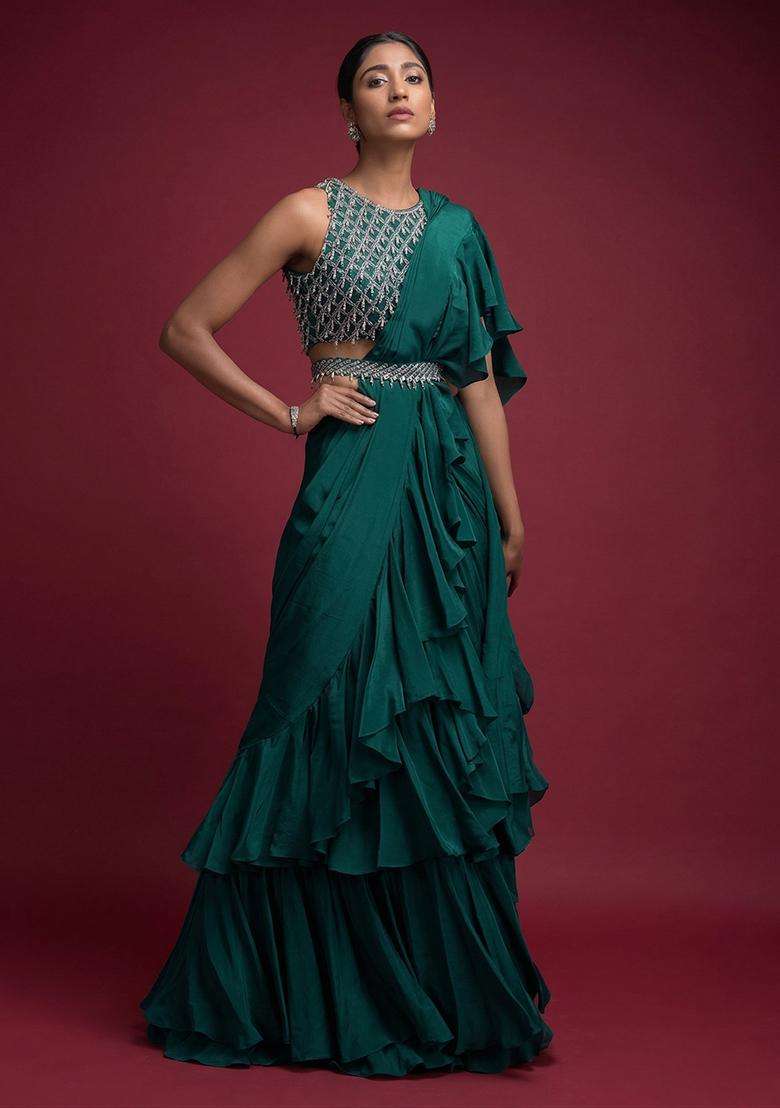 Green Embroidered Handwork Pre Draped Saree Set - Indya