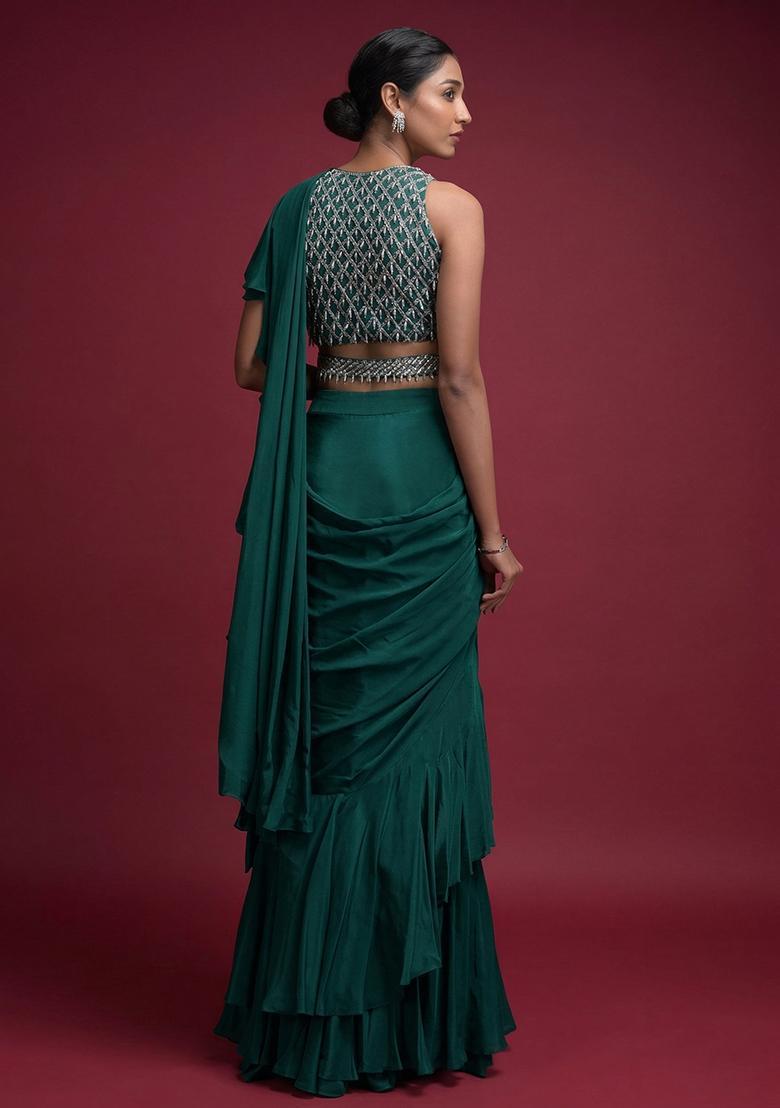 Green Embroidered Handwork Pre Draped Saree Set - Indya