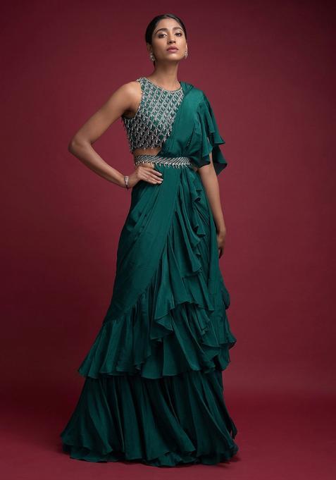 Green Embroidered Handwork Pre Draped Saree Set