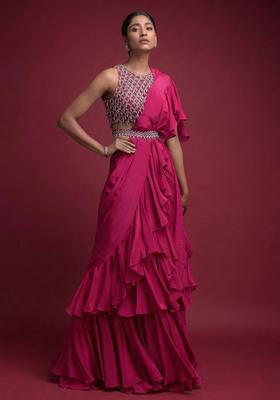 Pink Embroidered Handwork Pre Draped Saree Set