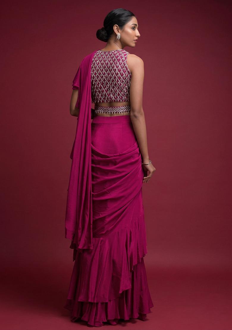 Pink Embroidered Handwork Pre Draped Saree Set - Indya