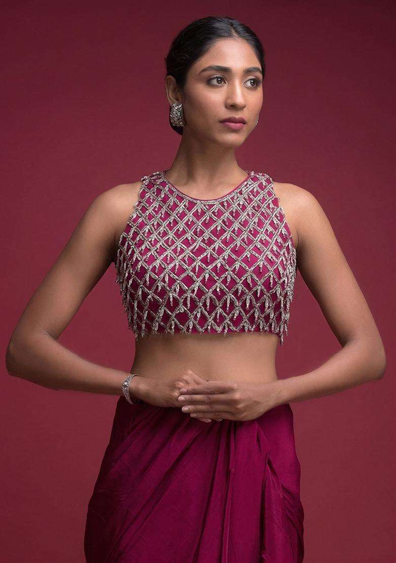 Pink Embroidered Handwork Pre Draped Saree Set - Indya