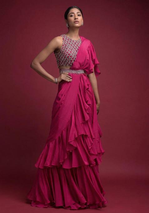 Pink Embroidered Handwork Pre Draped Saree Set