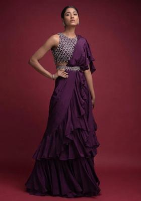 Purple Embroidered Handwork Pre Draped Saree Set