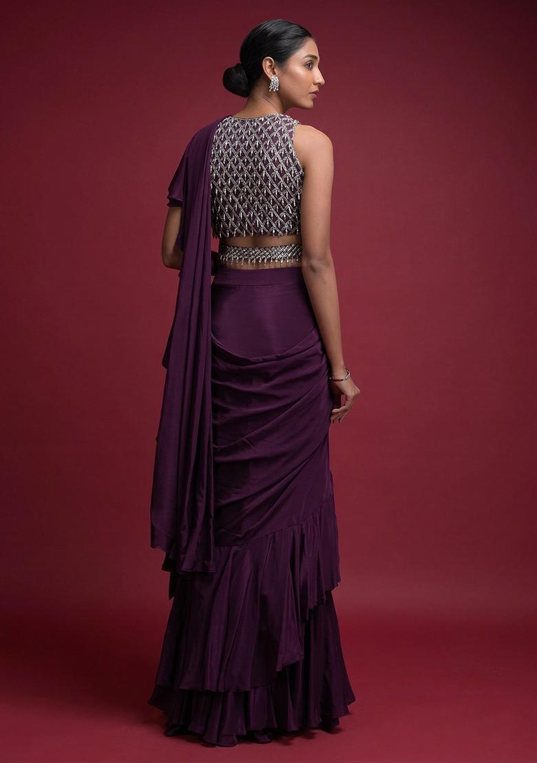 Purple Embroidered Handwork Pre Draped Saree Set - Indya