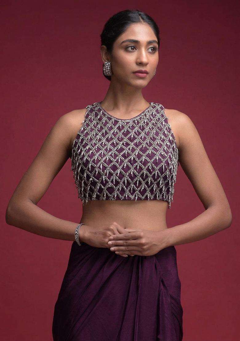 Purple Embroidered Handwork Pre Draped Saree Set - Indya
