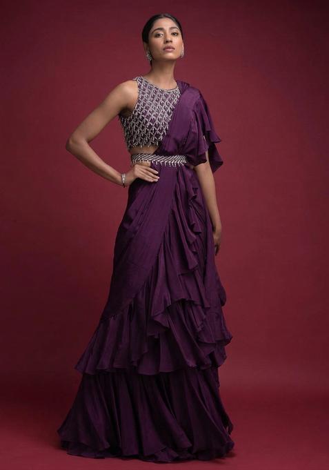 Purple Embroidered Handwork Pre Draped Saree Set