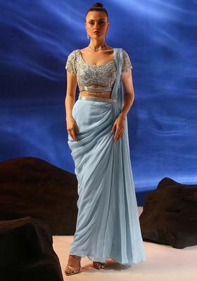 Blue Embroidered Handwork Pre Draped Saree Set