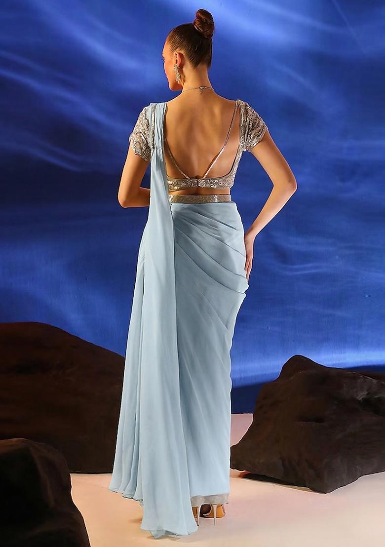 Blue Embroidered Handwork Pre Draped Saree Set - Indya