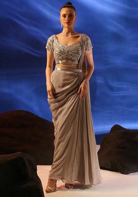 Brown Embroidered Handwork Pre Draped Saree Set