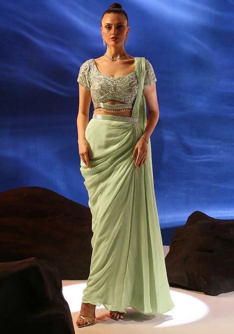 Green Embroidered Handwork Pre Draped Saree Set