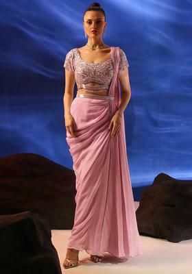 Pink Embroidered Handwork Pre Draped Saree Set