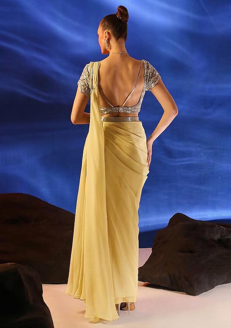 Yellow Embroidered Handwork Pre Draped Saree Set - Indya