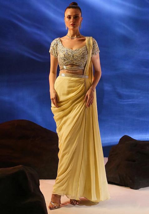 Yellow Embroidered Handwork Pre Draped Saree Set