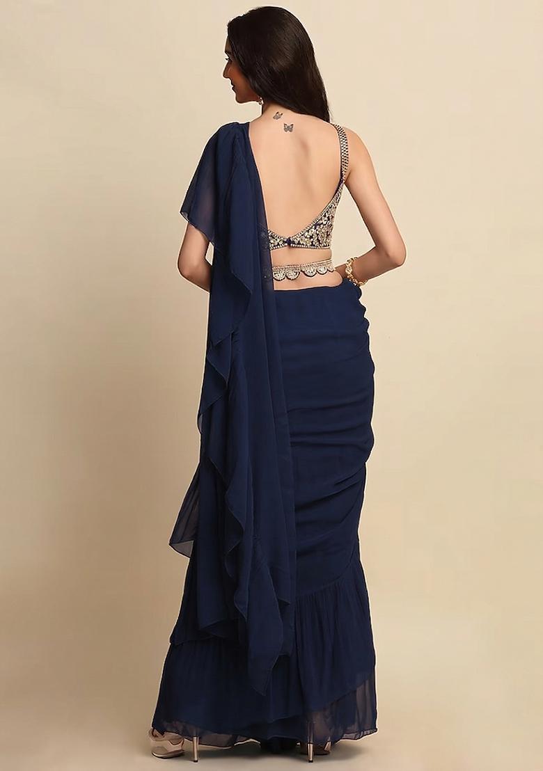 Blue Embroidered Handwork Pre Draped Saree Set - Indya