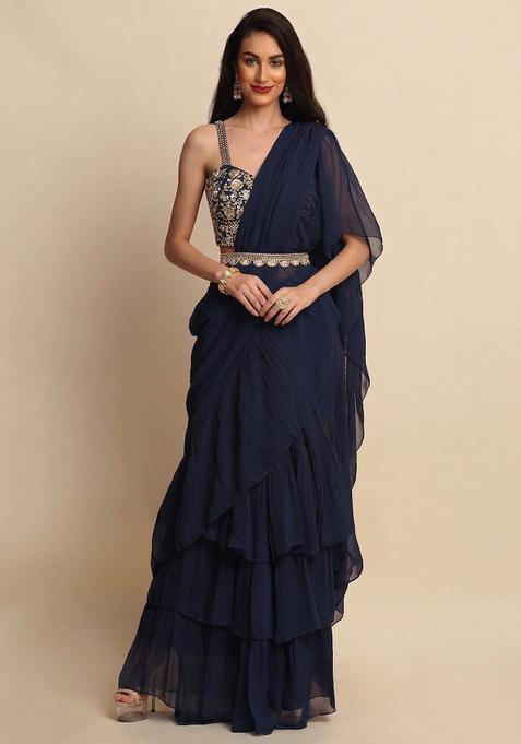 Blue Embroidered Handwork Pre Draped Saree Set