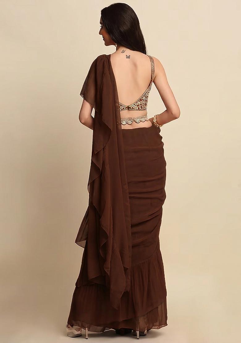 Brown Embroidered Handwork Pre Draped Saree Set - Indya