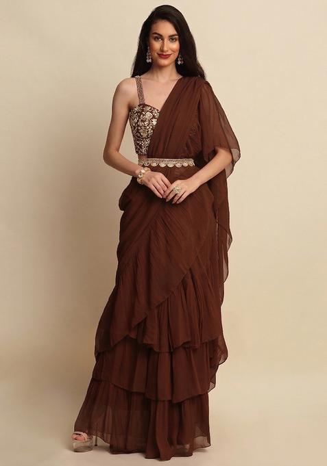 Brown Embroidered Handwork Pre Draped Saree Set