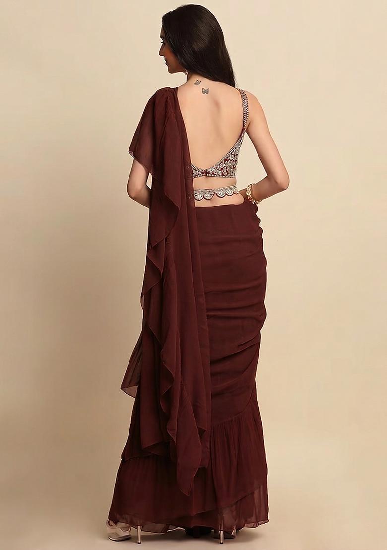 Maroon Embroidered Handwork Pre Draped Saree Set - Indya
