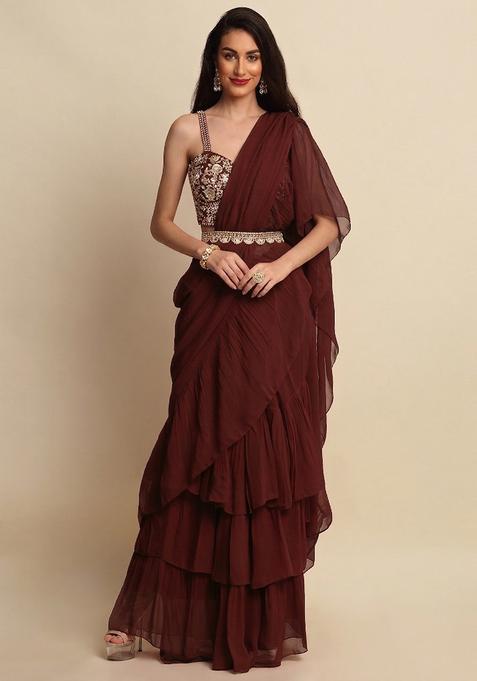 Maroon Embroidered Handwork Pre Draped Saree Set