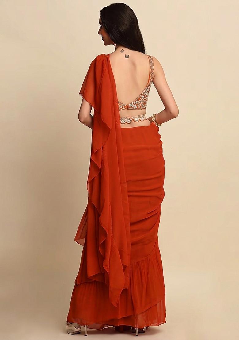 Orange Embroidered Handwork Pre Draped Saree Set - Indya