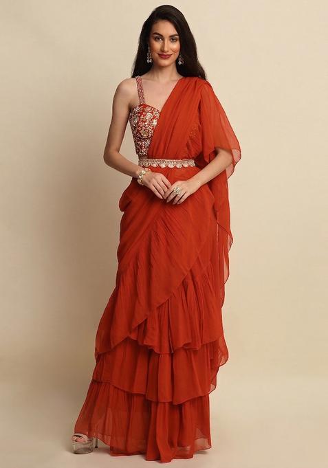 Orange Embroidered Handwork Pre Draped Saree Set