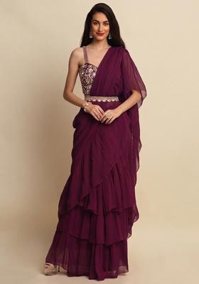 Purple Embroidered Handwork Pre Draped Saree Set