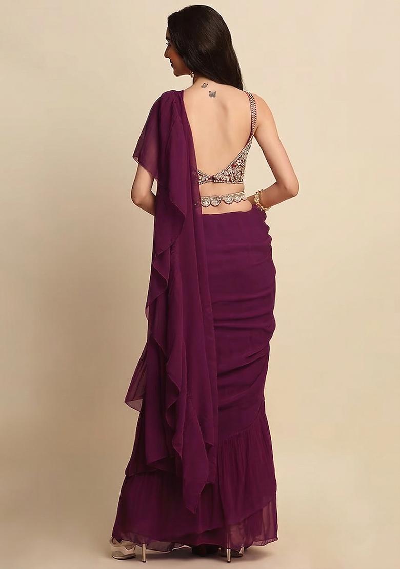 Purple Embroidered Handwork Pre Draped Saree Set - Indya