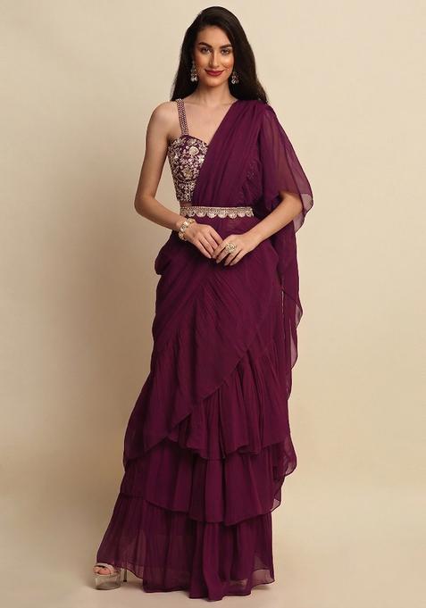 Purple Embroidered Handwork Pre Draped Saree Set