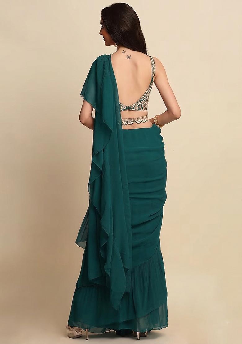 Teal Embroidered Handwork Pre Draped Saree Set - Indya