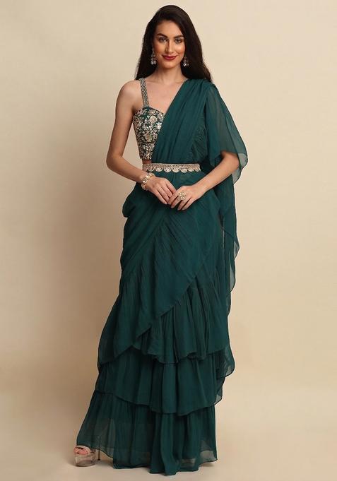 Teal Embroidered Handwork Pre Draped Saree Set