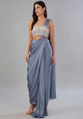 Grey Embroidered Handwork Pre Draped Saree Set