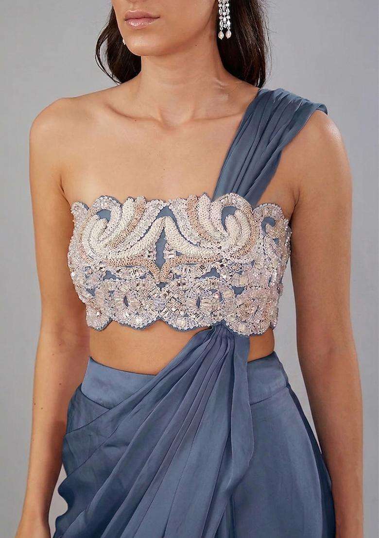 Grey Embroidered Handwork Pre Draped Saree Set - Indya